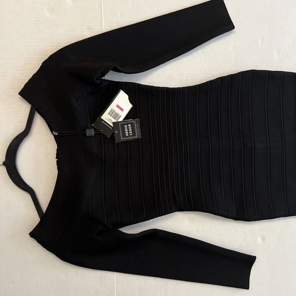 HERVE LEGER Black BANDAGE Zip-Up STRETCH RIB KNIT Bodycon MINI DRESS Sz L - Picture 7 of 12